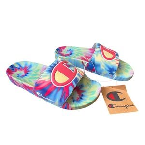 Champion IPO Tie Dye Slide Sandals Pink Yellow Blue Womens Size 7 NWT